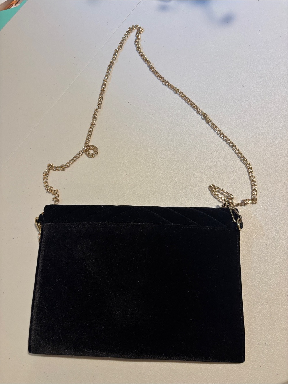 Black Velvet Evening Clutch with Gold Chain and Crystal Brooch - Picture 2 of 5